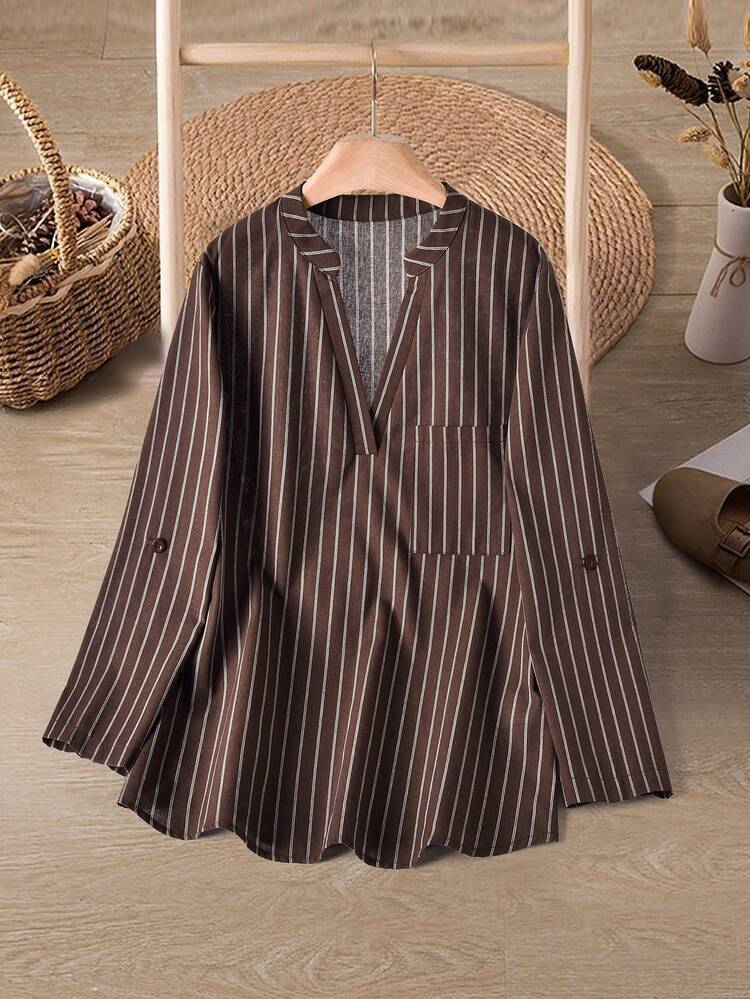 Women's Striped V-Neck Long Sleeve Casual Pocket Textured Shirt  Winter Clothes For Women