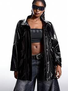 LYSMO Plus Size Glossy PU Punk Avant-Garde Casual Cinched Waist Pocket Jacket, Autumn/Winter - Black - View 8