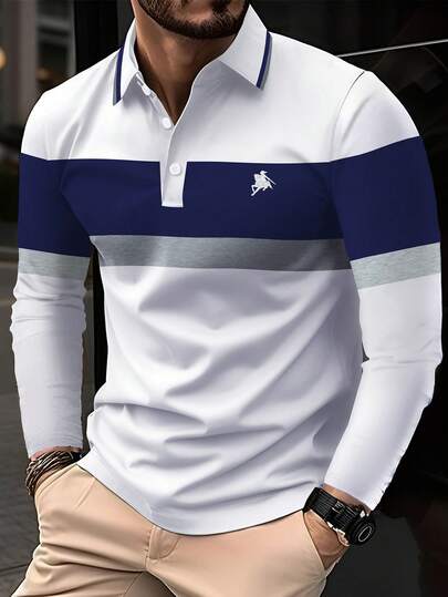 Manfinity Mode Camisa polo casual para hombre, diseño de patchwork, esencial para el uso diario, parte superior de manga larga