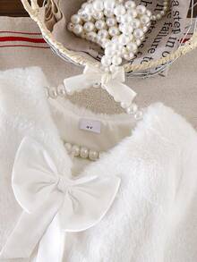 Elladie kids Young Girls Fluffy Long Sleeve Ivory Cardigan With Bow, Fashionable And Elegant Children Winter Outerwear