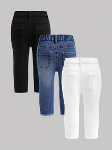 3pcs/Set Baby Girls' Blue, White, Black Denim Stretch Skinny Pants,Fall Clothes,Winter Clothing ,Casual And Fashionable Vacation Outfits,2000s Style  ,Christmas Clothing,Baby Girls  Leggings,Denim  Leggings - Multicolor - View 2