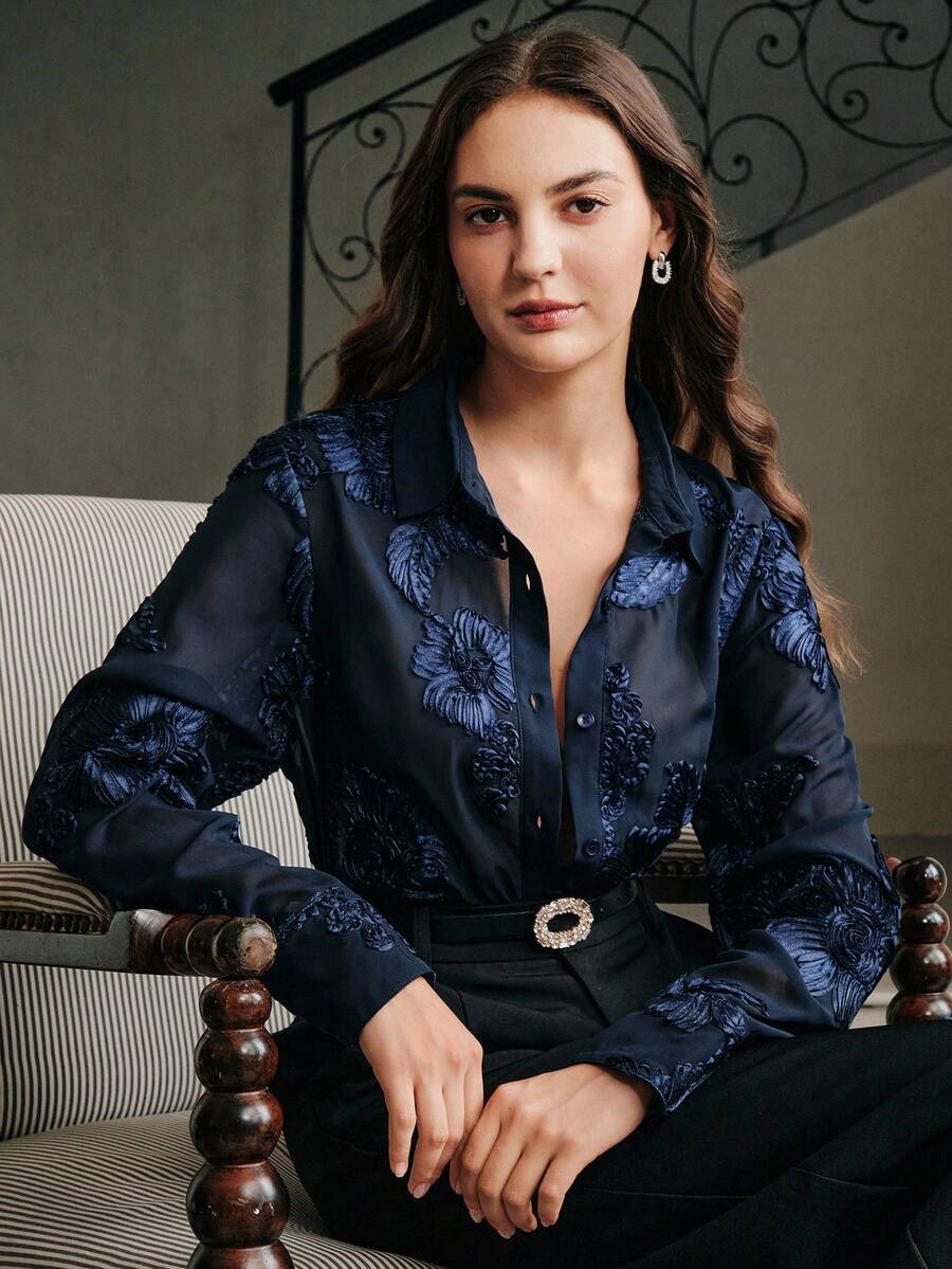 Anewsta Women's Elegant Retro French Floral Embroidery Sheer Blouse, Autumn Women Shirt - Navy Blue - View 1