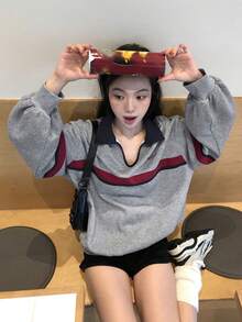 DAZY Áo nỉ dài tay in họa tiết sọc tương phản lót nhiệt cổ bẻ phong cách đường phố thường ngày cho nữ, mùa thu/đông - Xám - Xem 4