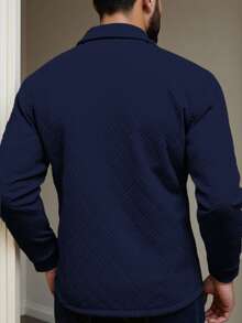 Manfinity Mode Plus Size Men's Solid Color Button Casual Long Sleeve Polo Shirt Navy Blue Top Men Buttoned Knitted Shirts For Collar S Knit - Royal Blue - View 2