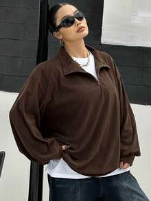 Dazy Plus Plus Size Women Half-Zip Solid Color Long Sleeve Pullover Sweatshirt, Street Style - Coffee Brown - View 5