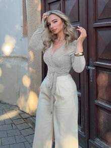 Jeta Ari 粉色瑜伽健身运动高弹柔软裹身V领长袖短款紧身T恤，时尚简约休闲优雅百搭衣橱必备设计，适合女性，春秋季 - 灰色 - 查看 6