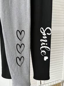 SHEIN 2条装少女保暖高腰打底裤，柔软舒适的罗纹面料，带字母标志，黑色和浅灰色。 - 彩色 - 查看 3