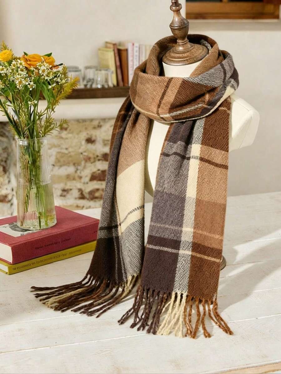 Cirelle 1pc Women's Fashion Korean Plaid Scarf, Autumn And Winter Warm Fashion Fringe Student Scarf, Thick Long Scarf For Male Couple Shawls,
