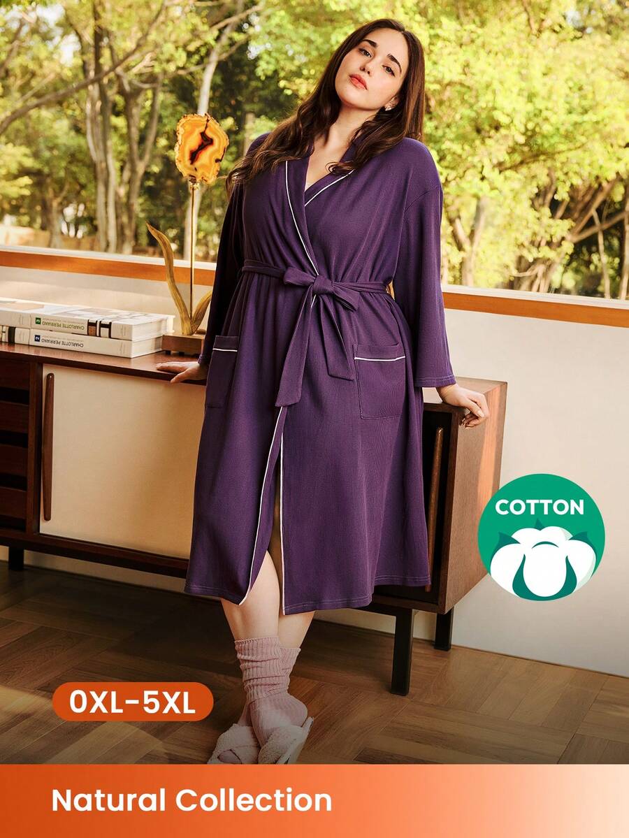 LUVLETTE Autumn And Winter Women Plus Dark Blue Waffle Knit Long Robe With Tie Night Gown Women Bath Robe Fall Pajamas