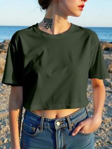Camiseta para mujer estilo retro urbano estampado 90's Baby tela brillante oversize fit cuello redondo manga corta primavera/verano uso diario crop top - Verde Oscuro - Ver 3