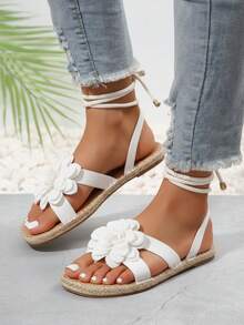 Mujer Sandalia Playa Decorada con Flor Grande Punta Abierta Sin Cordones Suela de Yute Estilo Bohemio para Verano y Vacaciones Sandalias - Blanco - Ver 3
