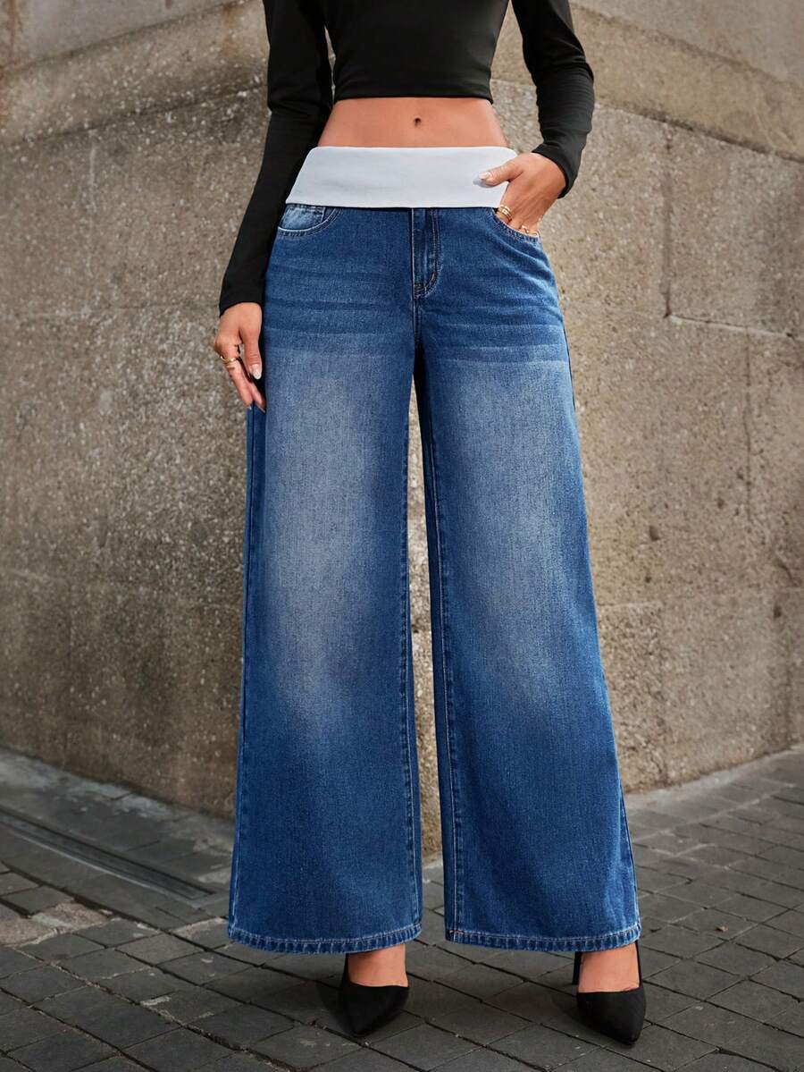 Selenza Jeans de pierna ancha con cintura contrastante para mujer, ideal para el transporte - Azul - Ver 1