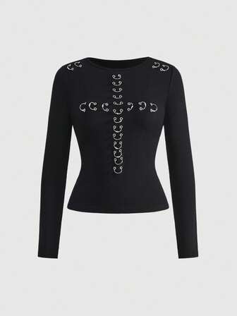 Grunge Punk قميص كم طويل ضيق بتصميم معدني بانك مزود بحلقات معدنية