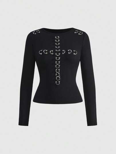 Grunge Punk قميص كم طويل ضيق بتصميم معدني بانك مزود بحلقات معدنية