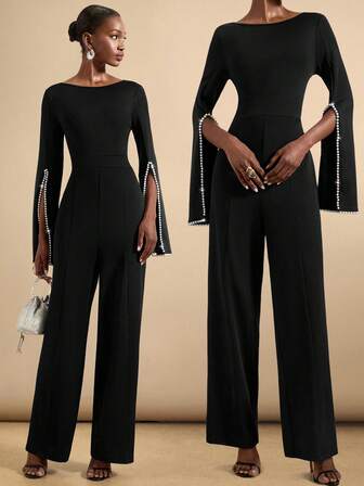 SHEIN Veneréa Women's Autumn/Winter New Long Sleeve Jumpsuit With Slit, Beaded Back, Hidden Zipper, Fitted Tailored Elegant High-End Fashion Pants