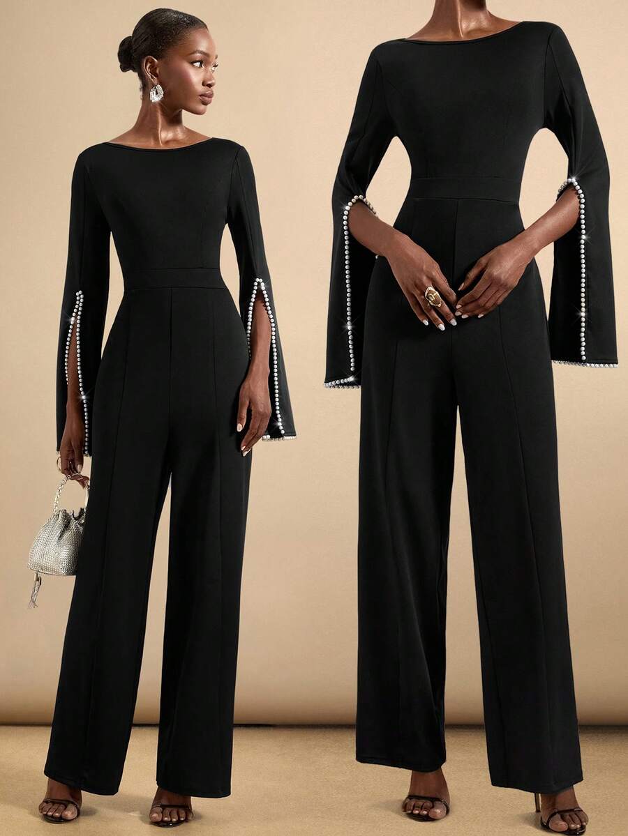 Vesra 女士秋冬新款长袖开衩连体裤，后背串珠，隐形拉链，修身剪裁优雅高端时尚裤 - 黑色 - 查看 1