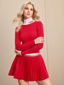 Cheerettes Women's Letter Pattern Turtleneck Long Sleeve Sweater, Autumn/Winter - Red - View 3