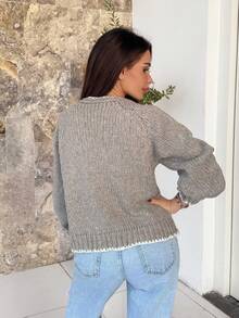 Milla Jasmine كارديجان كنزة صوفية نسائية بياقة على شكل V وأكمام طويلة مع تريم ملون وعقدة، كنزة صوفية محبوكة للخريف/الشتاء