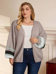 EMERY ROSE 大码女式休闲落肩长袖撞色条纹开衫 - 彩色 - 查看 4