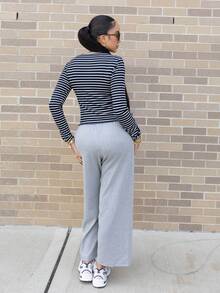 Melissa Matos Women's Solid Color Drawstring Waist Soft Knit Loose Casual Pants, Fall/Winter , Baggy Pants ,Petite Women - Grey - View 2