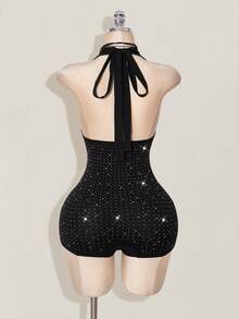 SHEIN ICON Bộ đồ liền thân hở lưng cổ chữ V sâu đính đá Rhinestone gợi cảm dành cho nữ - màu đen - Xem 2