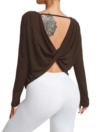 Gameset SHEIN Sport 女士极简纯色扭结露背长袖不对称下摆运动T恤