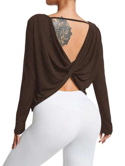 Gameset SHEIN Sport Women's Minimalist Solid Color Twist Open Back Long Sleeve Asymmetrical Hem Sports T-Shirt Backless Shirts Brown Athletic Top Brown Workout Top Open Back Workout Shirt Open Back Tops