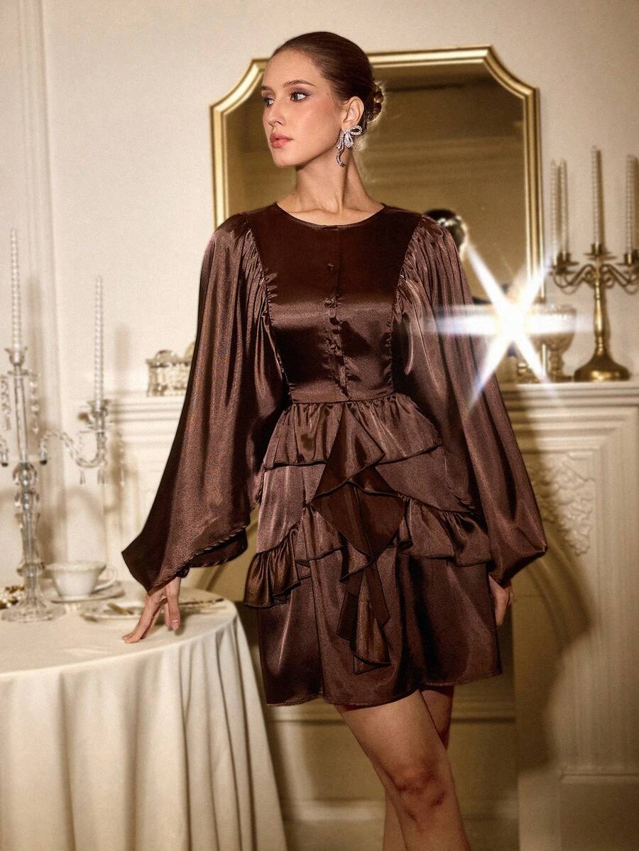 EMERY ROSE Women's Autumn/Winter New Lantern Sleeve Solid Coffee Brown Loose Round Neck Versatile Button Layered Ruffle Hem Long Sleeve Flowy Mini Dress - Coffee Brown - View 1
