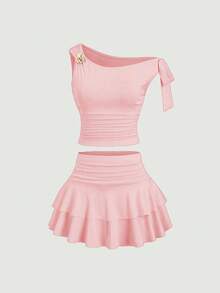 Sweetra 女士夏季古铜色金属花卉吊带背心和褶皱层叠迷你裙套装 - 藕粉色 - 查看 3