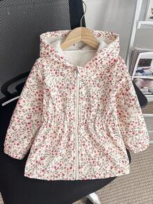 Genkimix Kids 女童新款冬季加厚羽绒服，拉链连帽，杏色碎花图案，保暖内衬，收腰设计，带口袋，休闲百搭冬季外套 - 粉色 - 查看 3