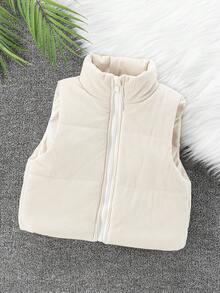 女童冬季灯芯绒复古立领拉链背心短款羽绒服，经典百搭外套