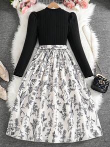 SHEIN 少女珍珠泡泡袖碎花连衣裙 - 黑色 - 查看 2