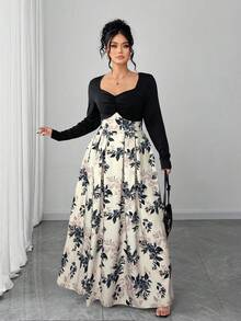 Elenzga 2025新款大码女装轻盈奢华黑色文胸罩杯扭结印花压花复古碎花连衣裙，适合返校、毕业典礼、情人节、音乐节、母亲节、万圣节、感恩节、复活节、国庆节、晚宴、约会派对、婚礼季、户外郊游等场合。 - 黑色 - 查看 5