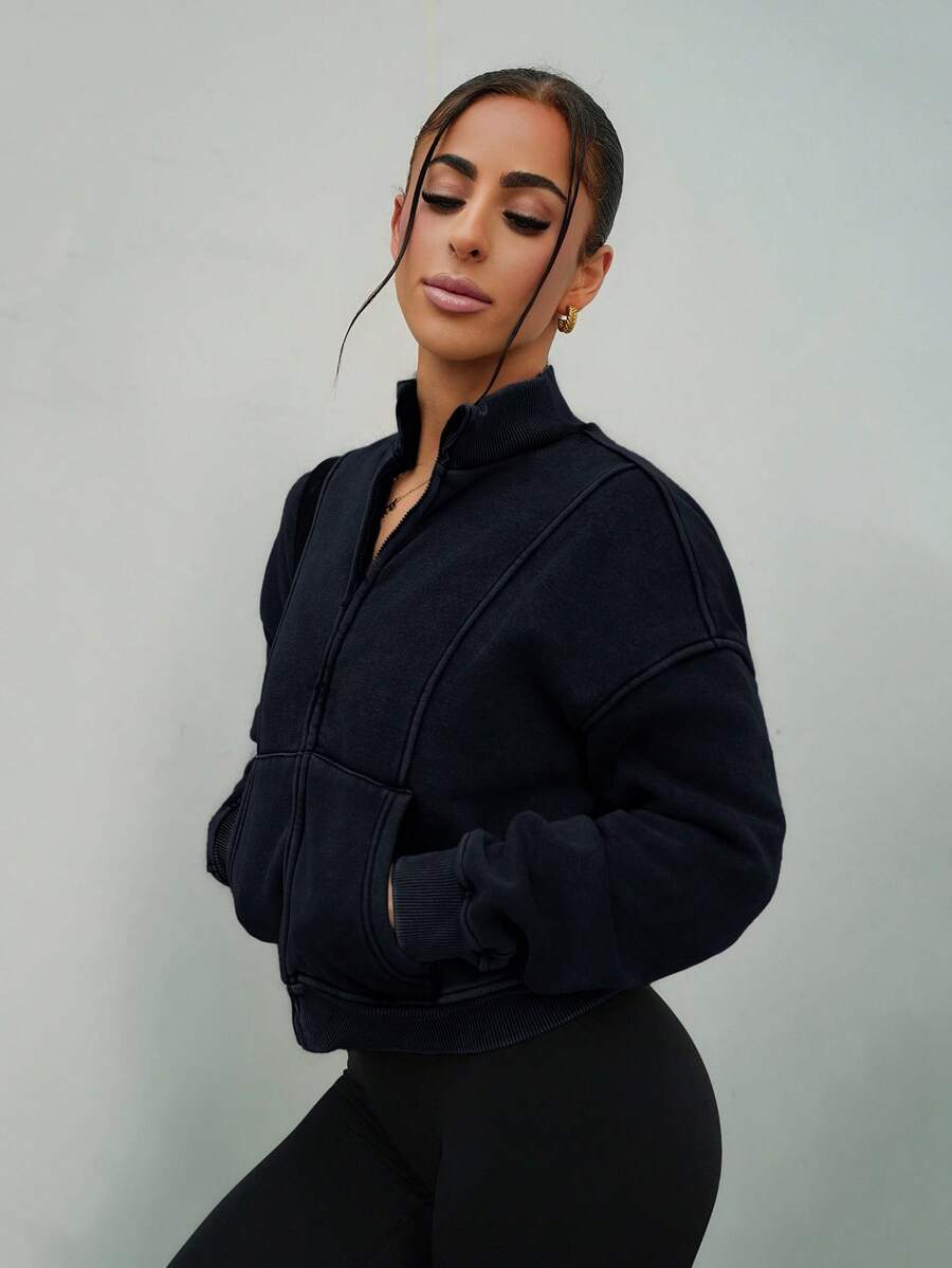 SAYEHFBABY 水洗拉链运动衫 接缝细节 返校 秋冬 舒适 秋季 可爱 休闲 日常 胶囊衣橱 Y2K 街头服饰 圣诞节 - 黑色 - 查看 1