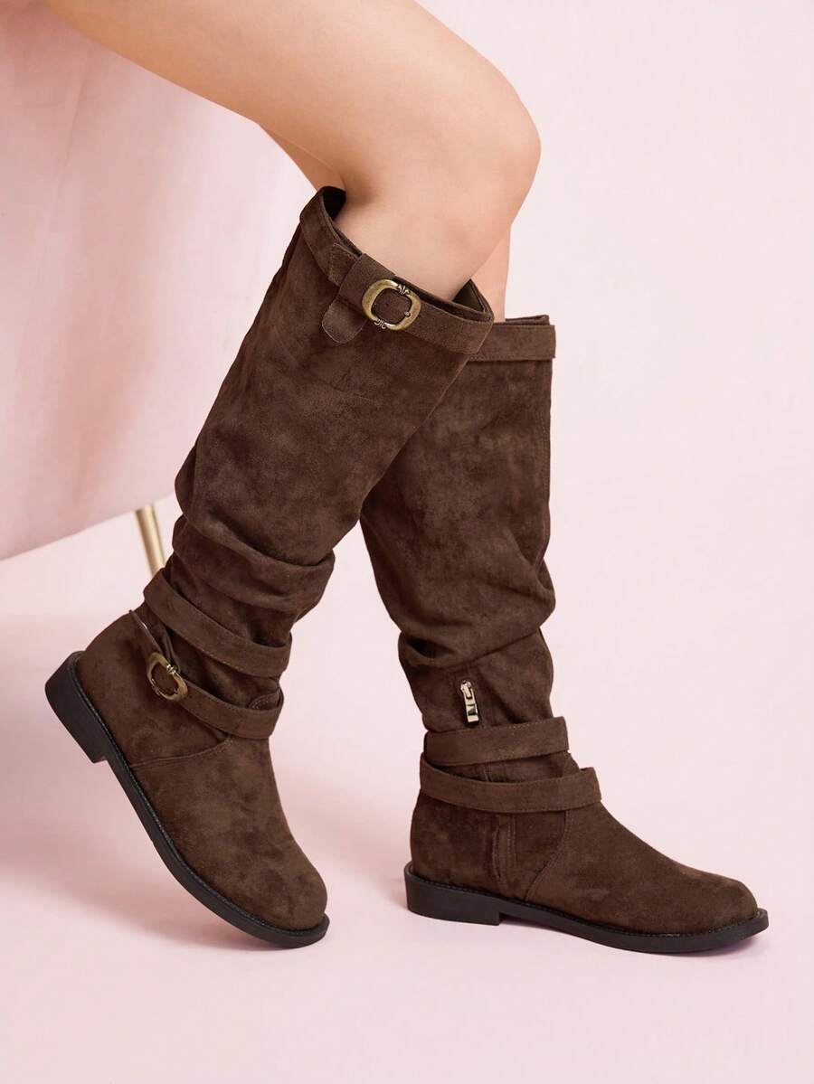 CUCCOO DOLLMOD Women's Mid-Calf Boots, Pleated Fashion Slim Slouchy Boots, Thick Sole - Brown - View 1