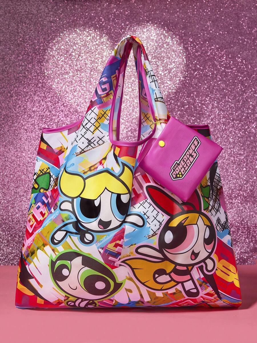 THE POWERPUFF GIRLS X SHEIN 1個可愛卡通角色印花聚酯纖維可折疊購物袋,托特包,附小收納袋與珠鏈,可掛在包上,Bubbles、Blossom、Buttercup、Justice、Friendship,禮物首選 - 彩色 - 查看 1
