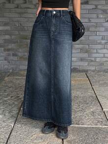 DAZY 女士休闲豹纹牛仔迷你裙，秋季款 - 深色水洗藍 - 查看 6