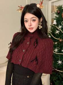 DAZY Áo choàng len cổ lọ họa tiết hoa kẻ caro đỏ trang trí phong cách Giáng sinh thu/đông cho nữ - Đỏ - Xem 1