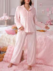 PetitDoll Plus Size Women Bow Jacquard Velvet Pocket Front Button Long Sleeve Top & Pants Pajama Set Light Pink Pajama Set Bridal Pajama Set Sleep Wear Women 2 Pieces Set, Fall & Winter Clothes - Baby Pink - View 3