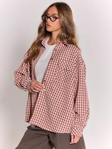 MUSERA 超大格纹前袋纽扣衬衫，秋季复古乡村风，清新休闲，适合女性，奶油糖色，假日风，春夏款 - 紅色 - 查看 4