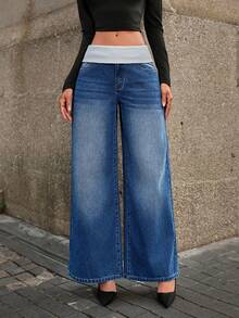 Selenza Jeans de pierna ancha con cintura contrastante para mujer, ideal para el transporte - Azul - Ver 3