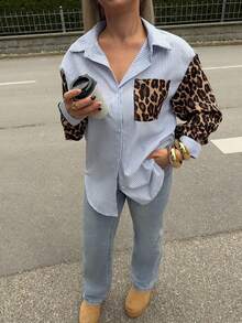 Jeta Ari Damen Leopard Patchwork gestreiftes Langarm Lässig Bluse, Retro Damen Blusen, Herbst Damen Kleider, Damen Hemden, Formale Damen Kleider, Streetstyle Hemden, Leoparden Hemden - Verschiedenfarbig - Übersicht 3