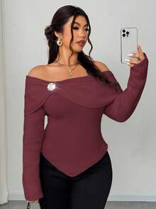 Elenzga Sweater Rajut Pendek Ukuran Plus Wanita Elegan untuk Sehari-hari, Model Bahu Terbuka, Warna Polos, Kerah Syal, Lengan Panjang, Dekorasi Rhinestone Logam, Model Kerut, Pas Badan, Musim Gugur - Burgundy - View 5