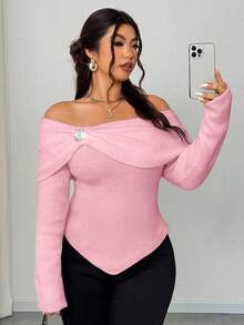 Elenzga Women's Elegant Blush Pink Autumn Knit Sweater,Formal Party Open Shoulder Shawl Collar Long Sleeve Metal Rhinestone Decor Ruched Fitted Plus Size - Pink - View 5