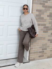Melissa Matos Women Crew Neck Floral Pattern Solid Color Pullover Sweater Knit Pullover Fall Winter Outfit - Khaki - View 6
