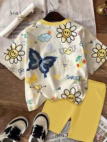 SHEIN Leap Crew Bộ 2 áo thun tay ngắn đơn giản và quần short cho bé gái tuổi teen, phù hợp cho mùa hè - Nhiều màu - Xem 3