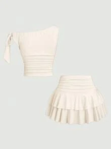 SHEIN Unity Bộ áo hai dây họa tiết hoa ánh đồng và chân váy mini xếp ly mùa hè dành cho nữ - Màu be - Xem 2