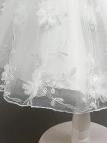 SHEIN Glamorique Kids 女婴香槟色刺绣网纱薄纱连衣裙（带披肩），公主花童连衣裙，适合婚礼、派对、生日、正式场合 - 米色 - 查看 4