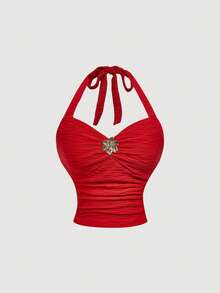 SHEIN MOD 2件套 女士提花面料 金属花朵装饰 吊带上衣和裙子 - 紅色 - 查看 8