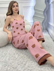 Dream Adore Conjunto de pijama de camiseta de tirantes con cuello en V y pantalones con estampado de oso - Multicolor - Ver 6